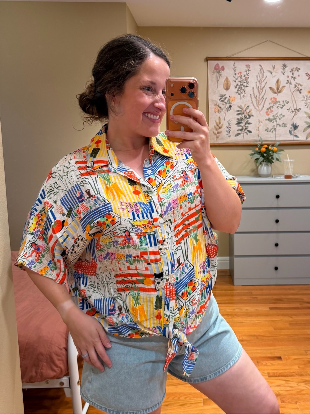 Frnch Paris Farmers Market Short Sleeve Tie-Hem Printed Blouse in Yellow Multi L